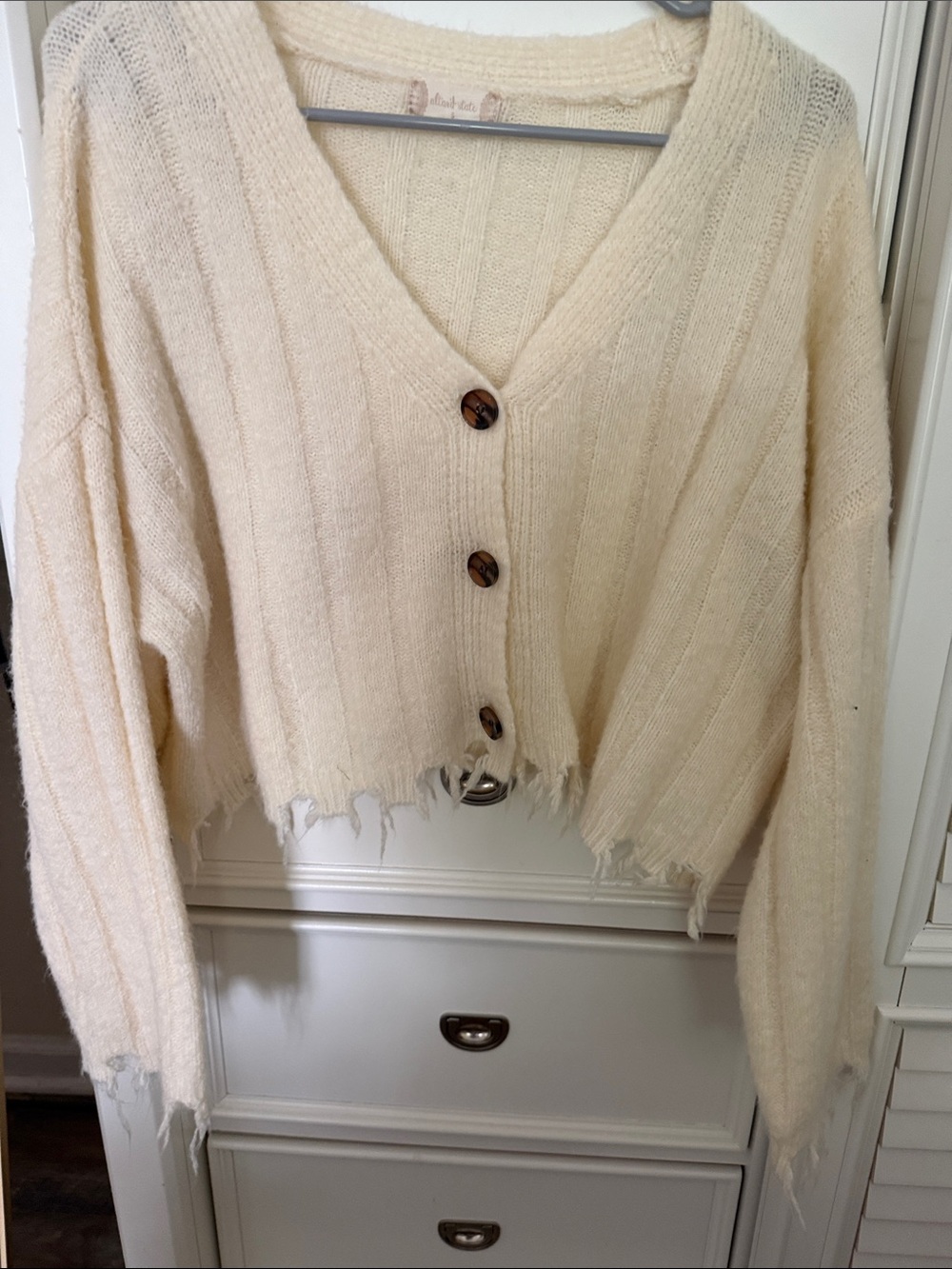Altar'd State Cream Distressed V-Neck Button Cardigan